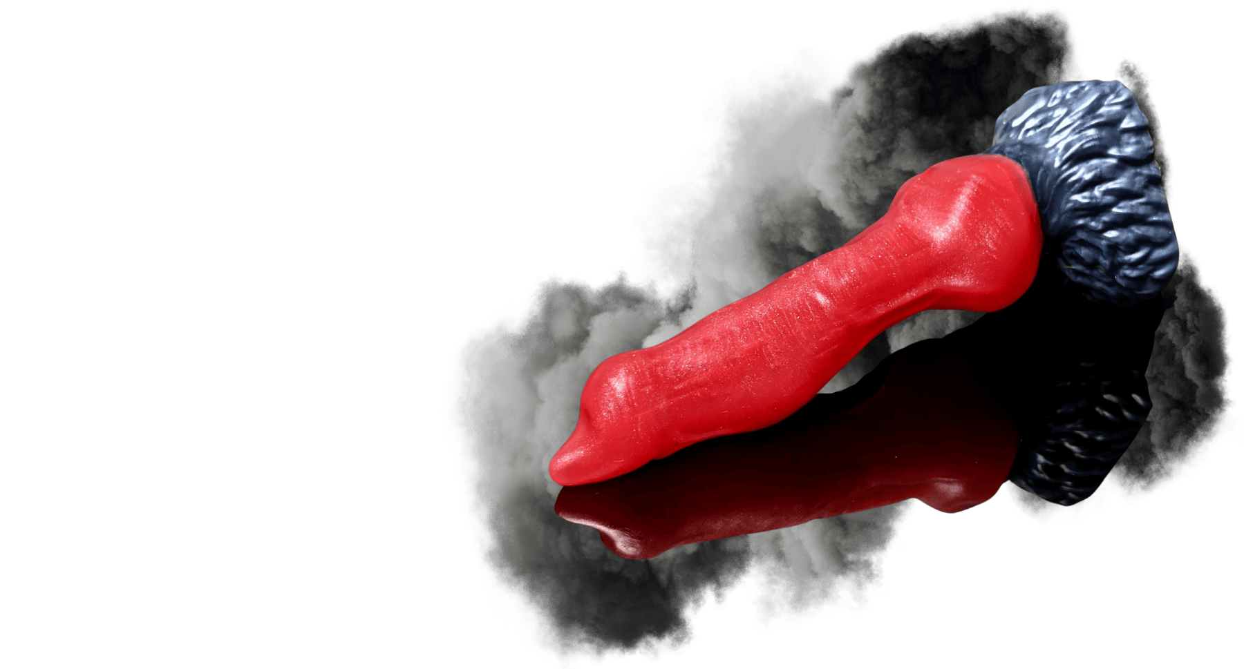 black and red canine style knotted dildo in front of a grey cloud of smoke