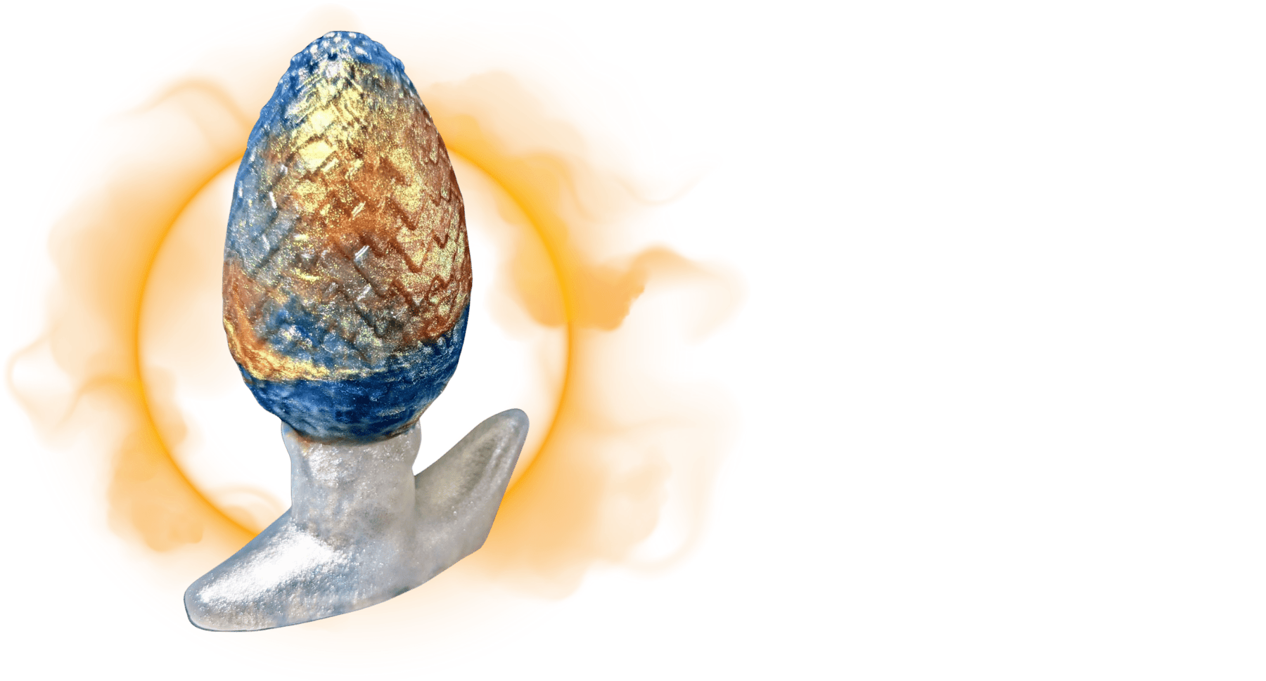 swirled blue and gold dragon egg in front of a golden ring of flames